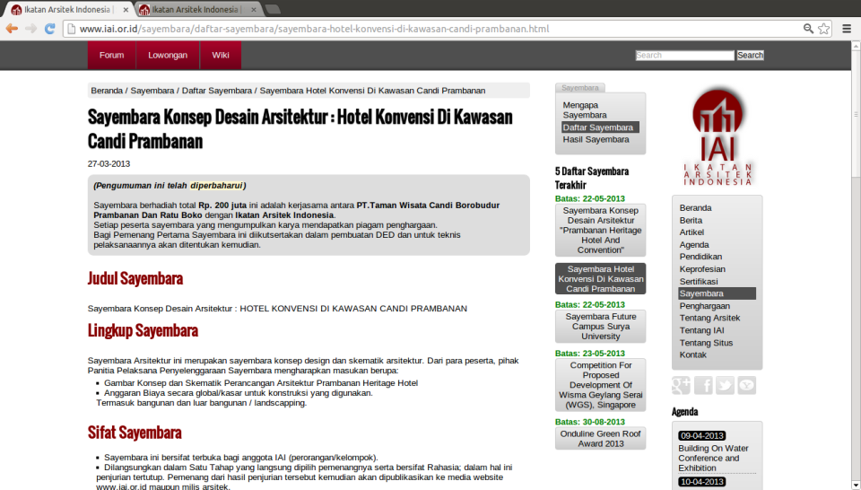 Tampilan halaman website sayembara IAI per 27 Maret 2013