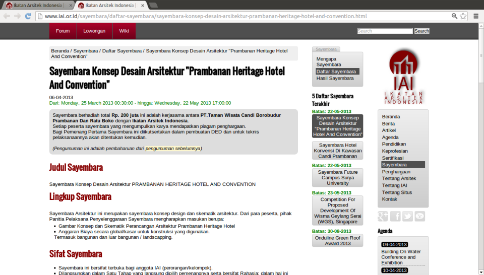 Tampilan halaman website sayembara IAI per 6 April 2013